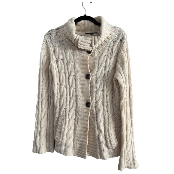 Eddie Bauer Ivory Chunky Cable Knit Button Front Fishermans Wool Sweater Medium - Picture 1 of 9